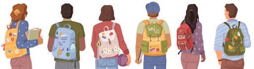 Illustrated group of diverse students with colourful backpacks, viewed from behind