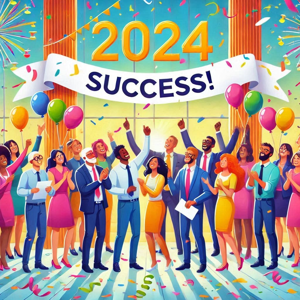 Celebratory illustration of diverse professionals celebrating 2024 success with balloons and confetti