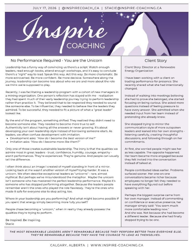 Inspire Coaching newsletter: No Performance Required - You are the Unicorn